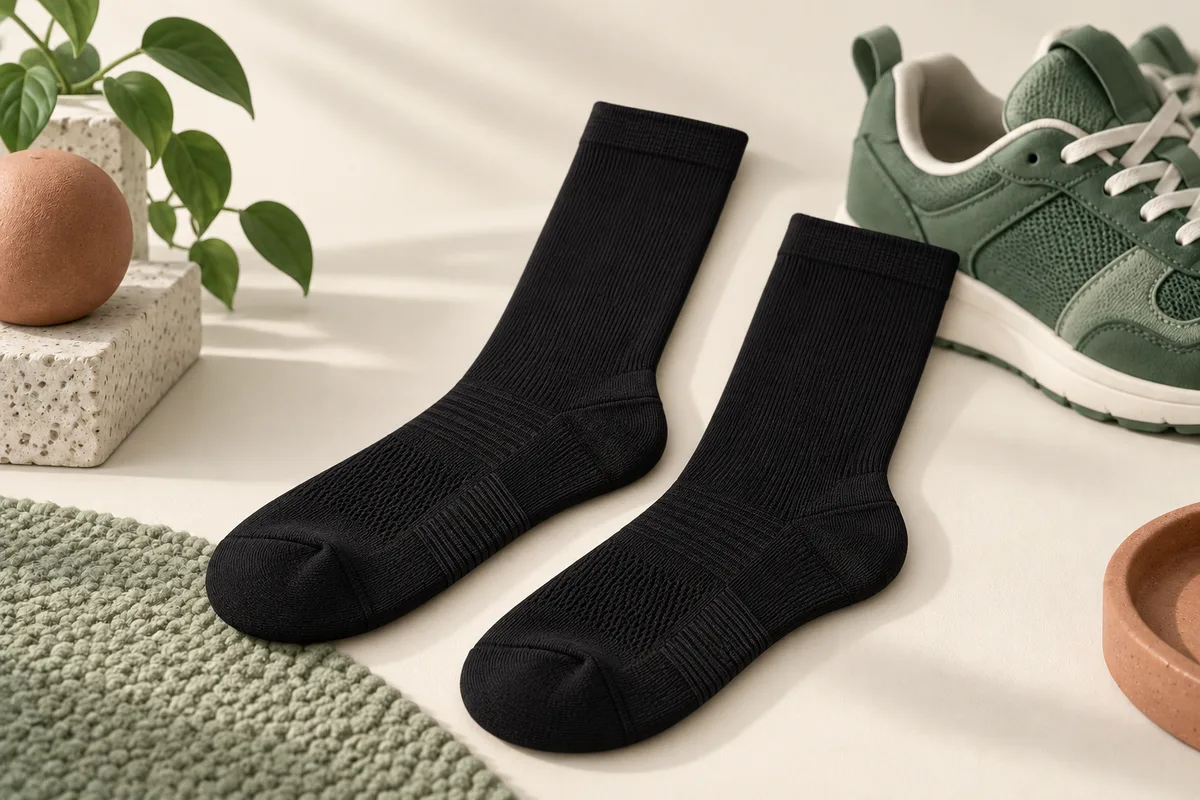 Illustration en volume de chaussettes de sport noires en maille fine près de chaussures vert sauge