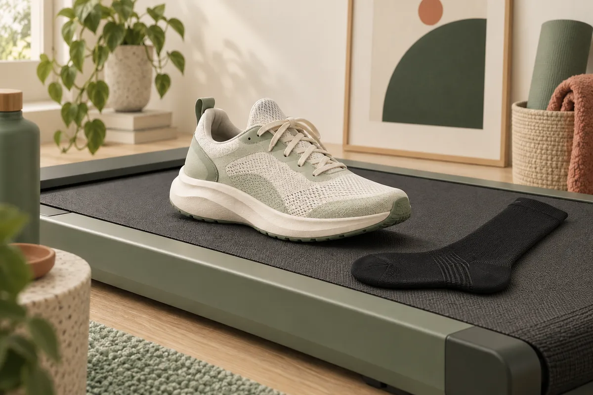 Illustration en volume d’une chaussure de sport écrue et sauge sur un tapis de marche dans un intérieur calme